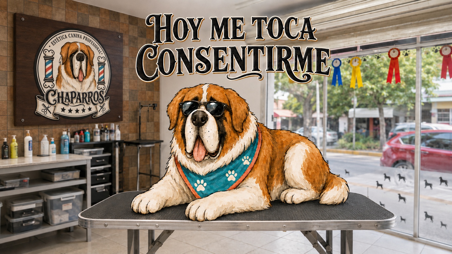 Campaña de Chaparros con su mascota en una estética canina
